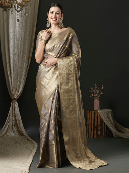 Women's Organza Grey Woven Design Designer Saree With Blouse Piece