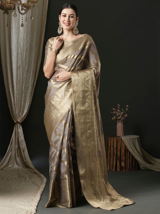 Women's Organza Grey Woven Design Designer Saree With Blouse Piece
