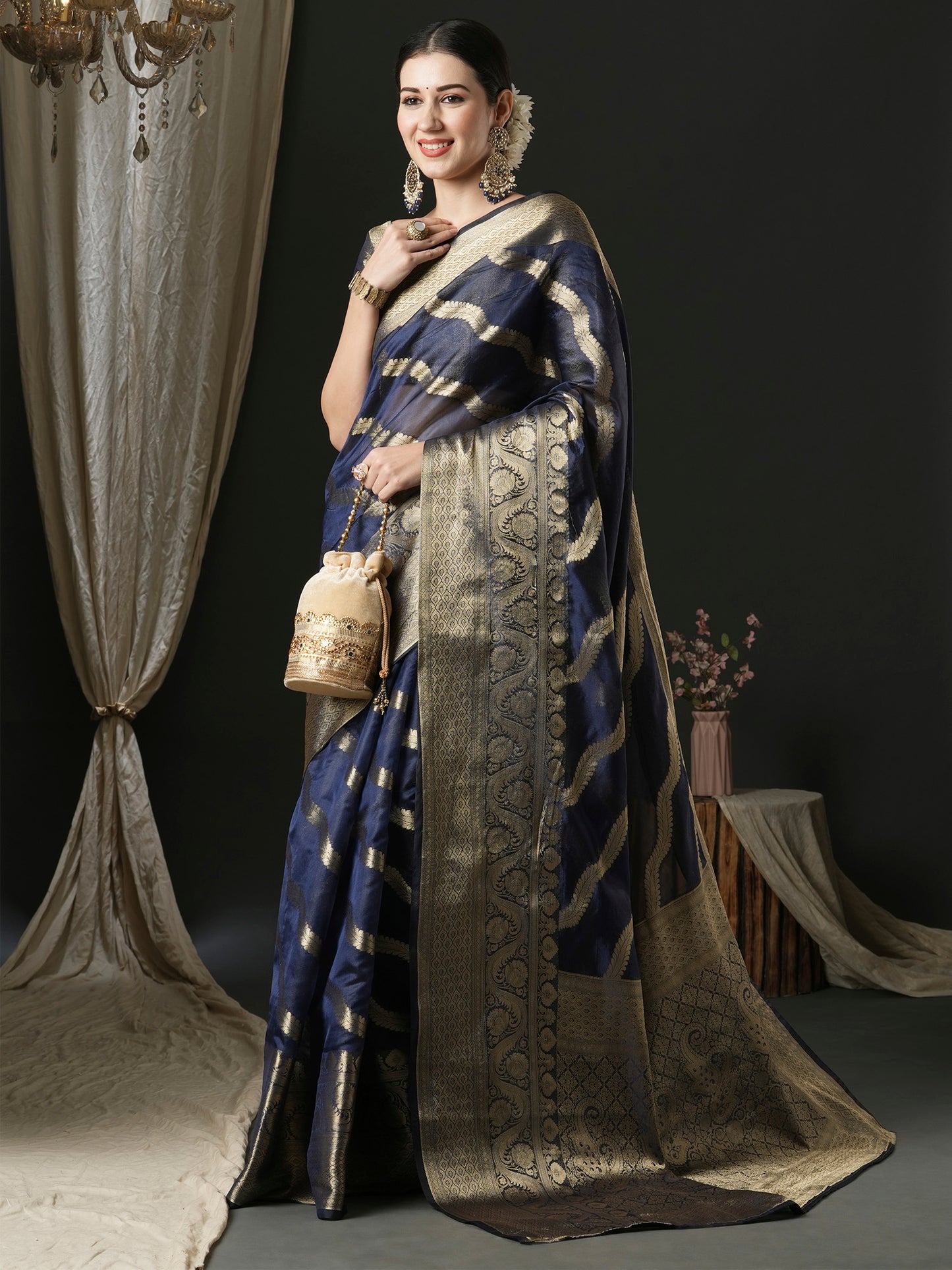 Women's Organza Navy Blue Woven Design Designer Saree With Blouse Piece