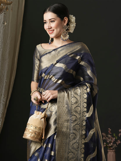 Women's Organza Navy Blue Woven Design Designer Saree With Blouse Piece