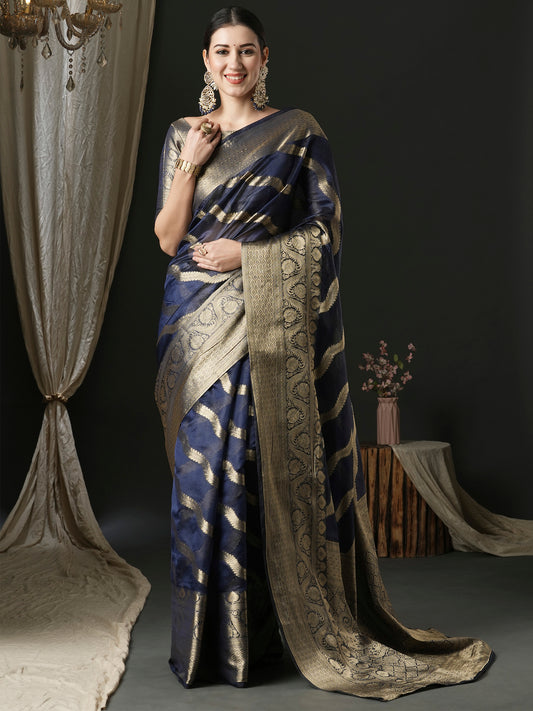 Women's Organza Navy Blue Woven Design Designer Saree With Blouse Piece