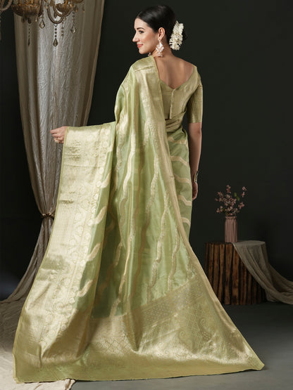Women's Organza Light Green Woven Design Designer Saree With Blouse Piece