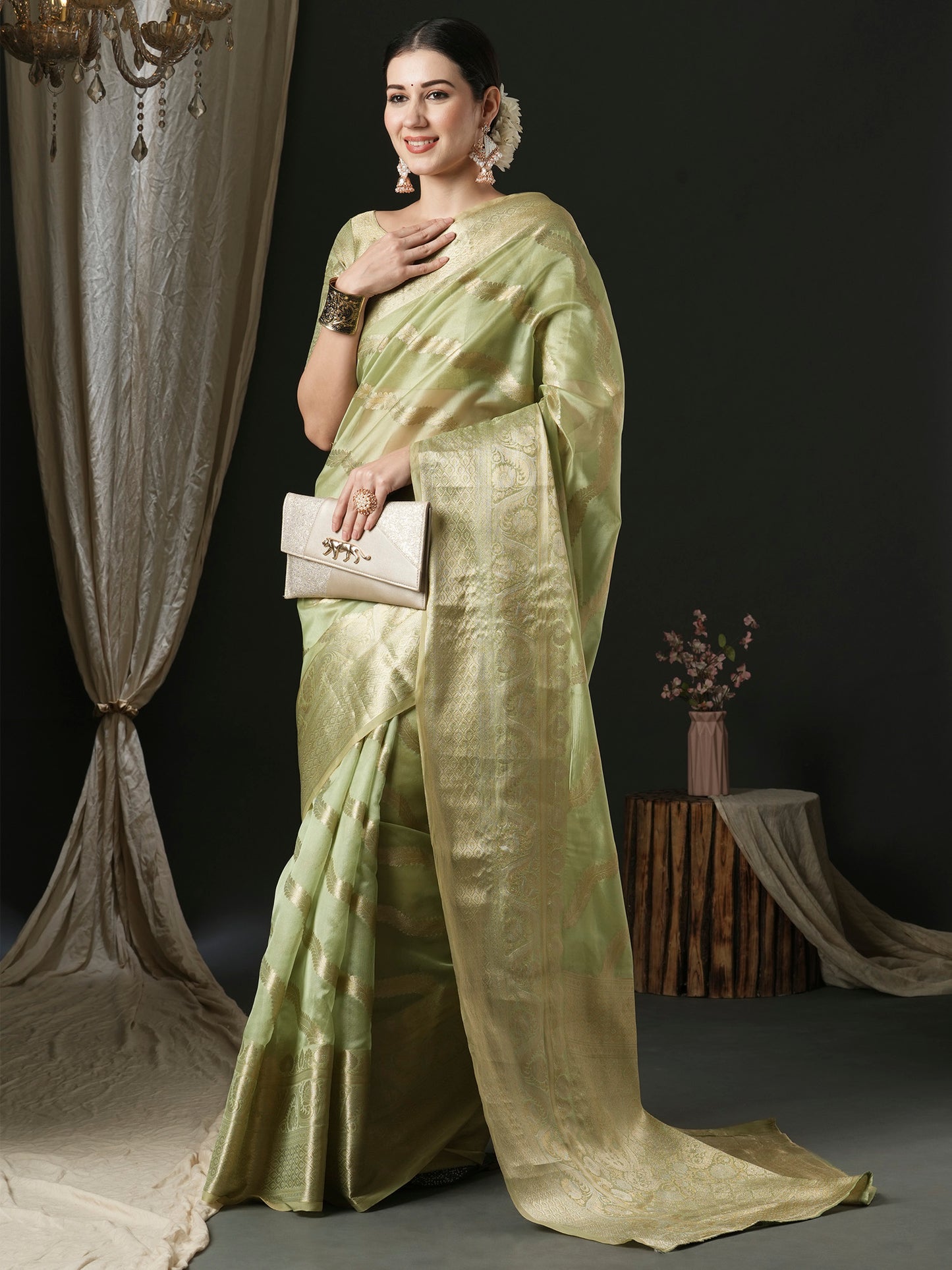 Women's Organza Light Green Woven Design Designer Saree With Blouse Piece
