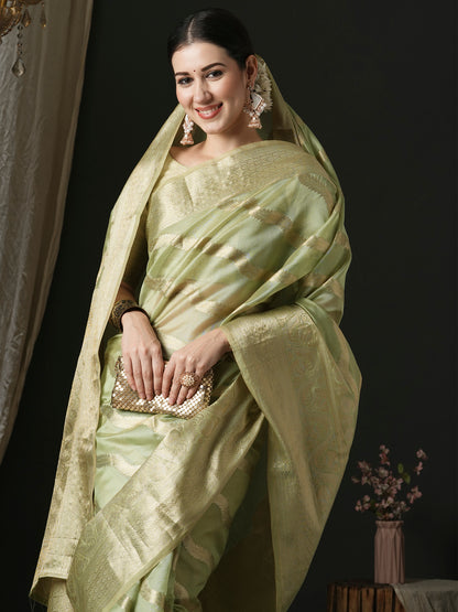 Women's Organza Light Green Woven Design Designer Saree With Blouse Piece