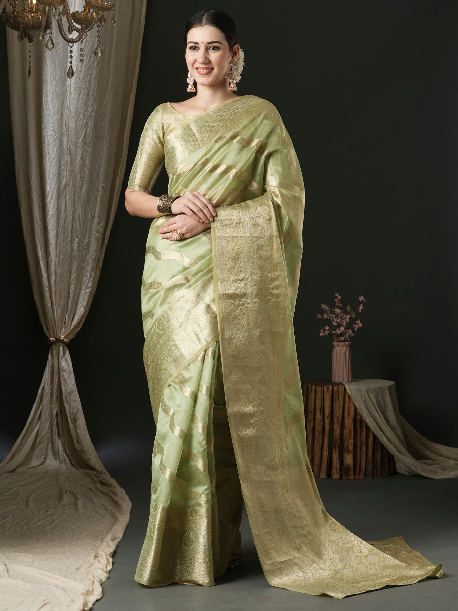 Women's Organza Light Green Woven Design Designer Saree With Blouse Piece