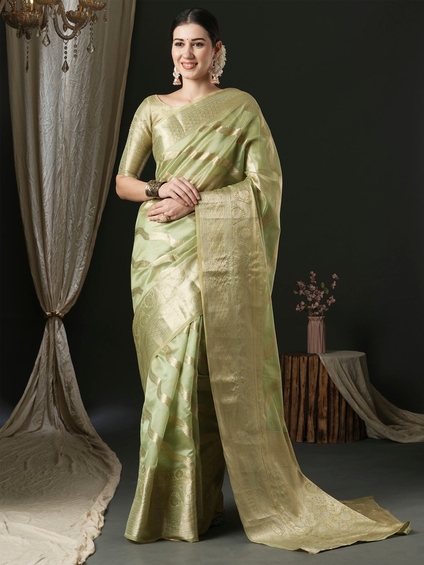 Women's Organza Light Green Woven Design Designer Saree With Blouse Piece