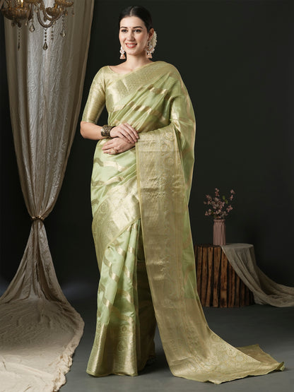 Women's Organza Light Green Woven Design Designer Saree With Blouse Piece