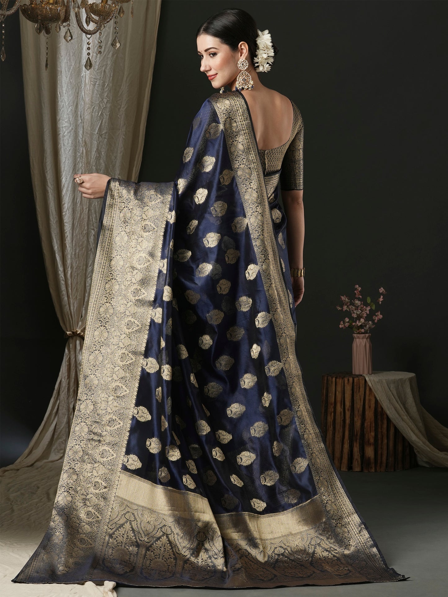 Women's Organza Navy Blue Woven Design Designer Saree With Blouse Piece