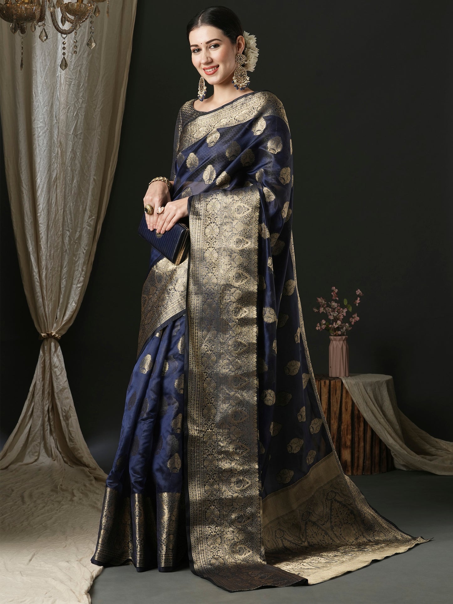 Women's Organza Navy Blue Woven Design Designer Saree With Blouse Piece
