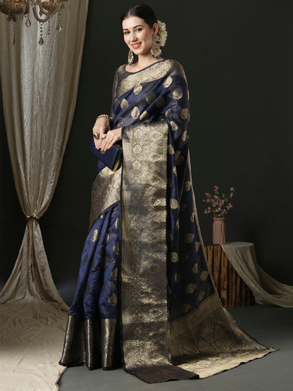 Women's Organza Navy Blue Woven Design Designer Saree With Blouse Piece