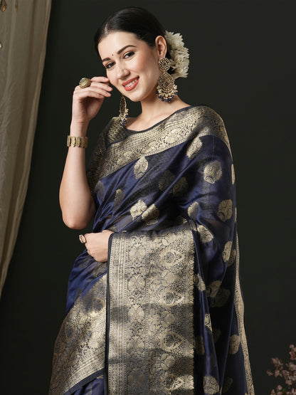 Women's Organza Navy Blue Woven Design Designer Saree With Blouse Piece