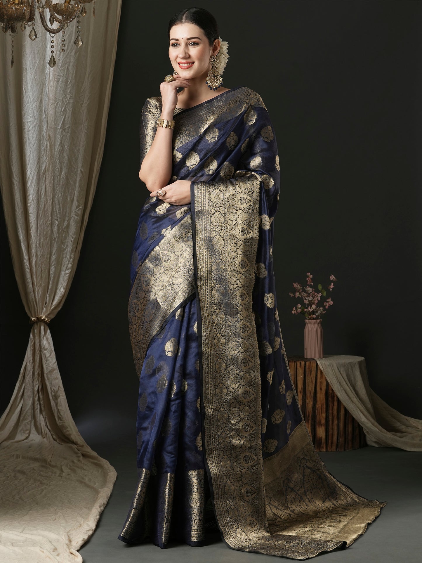 Women's Organza Navy Blue Woven Design Designer Saree With Blouse Piece