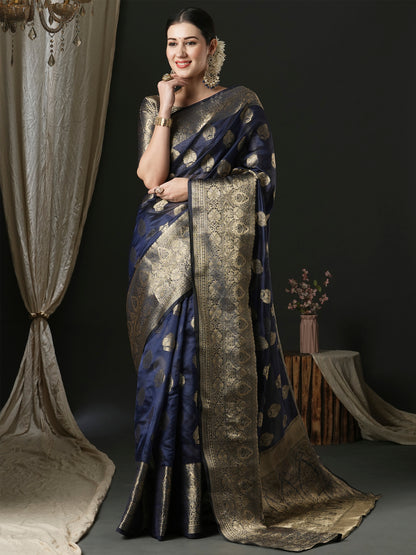 Women's Organza Navy Blue Woven Design Designer Saree With Blouse Piece