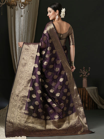 Women's Organza Purple Woven Design Designer Saree With Blouse Piece