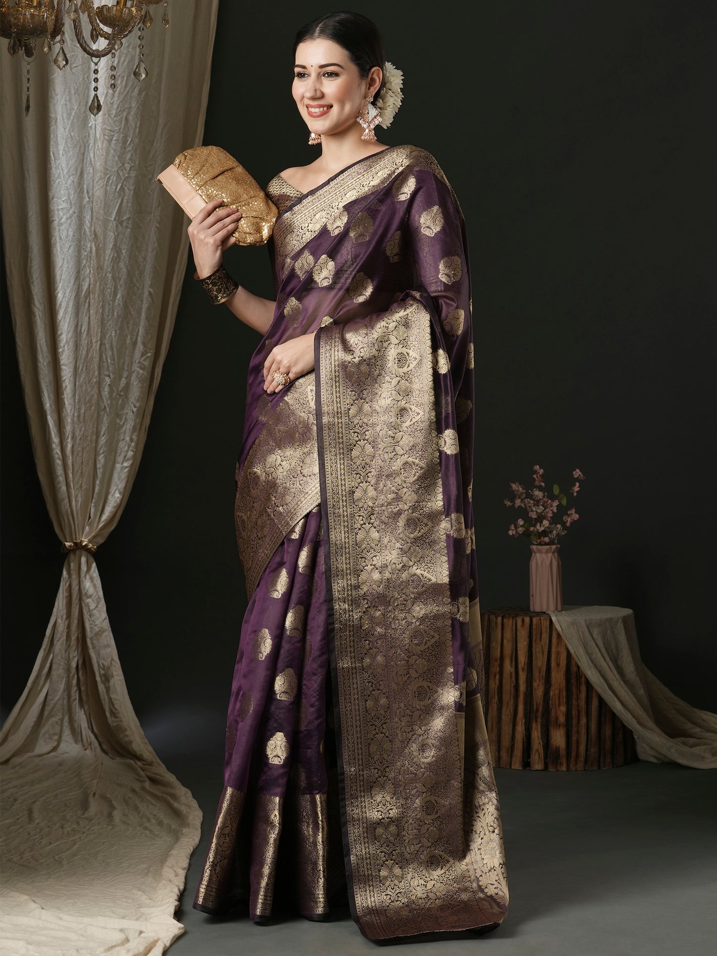 Women's Organza Purple Woven Design Designer Saree With Blouse Piece