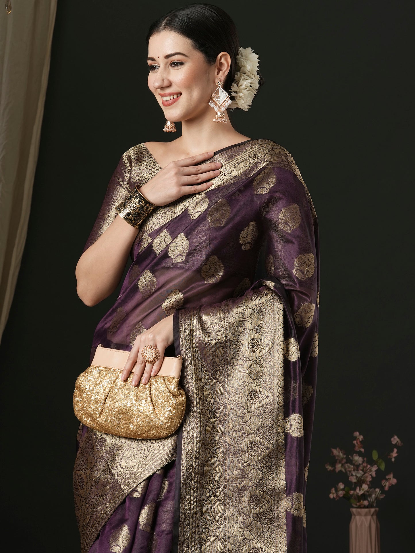 Women's Organza Purple Woven Design Designer Saree With Blouse Piece