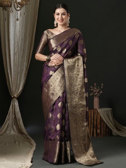 Women's Organza Purple Woven Design Designer Saree With Blouse Piece