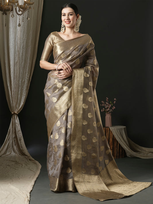 Women's Organza Grey Woven Design Designer Saree With Blouse Piece