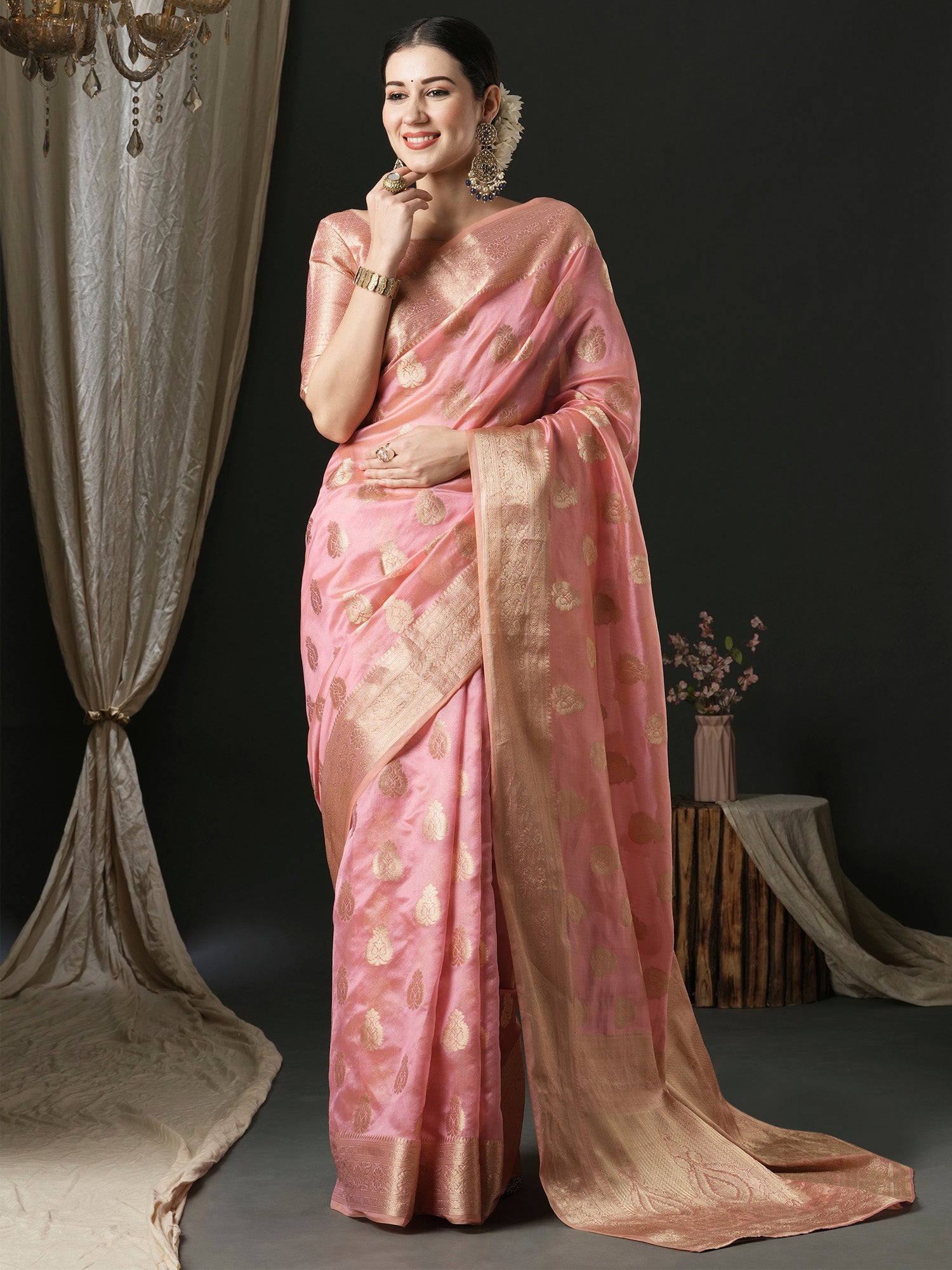 Women's Organza Pink Woven Design Designer Saree With Blouse Piece