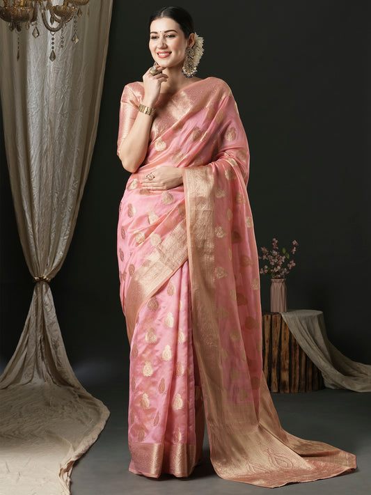 Women's Organza Pink Woven Design Designer Saree With Blouse Piece