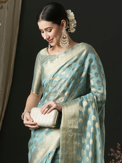 Women's Organza Light Blue Woven Design Designer Saree With Blouse Piece
