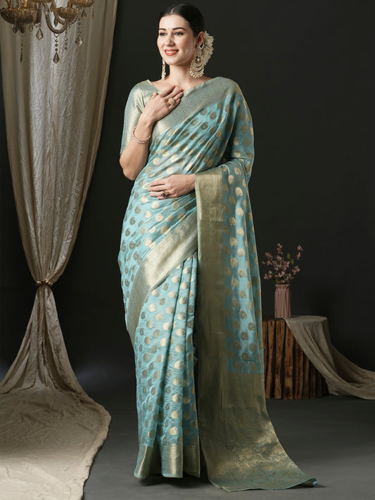 Women's Organza Light Blue Woven Design Designer Saree With Blouse Piece