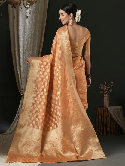 Women's Organza Peach Woven Design Designer Saree With Blouse Piece