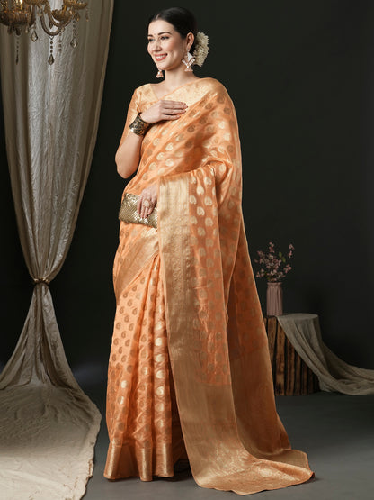 Women's Organza Peach Woven Design Designer Saree With Blouse Piece
