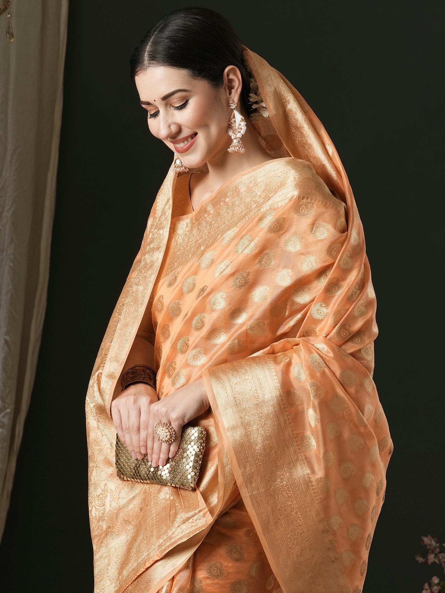 Women's Organza Peach Woven Design Designer Saree With Blouse Piece