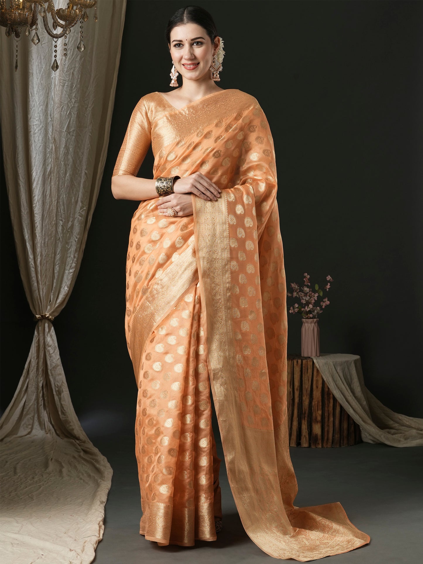 Women's Organza Peach Woven Design Designer Saree With Blouse Piece