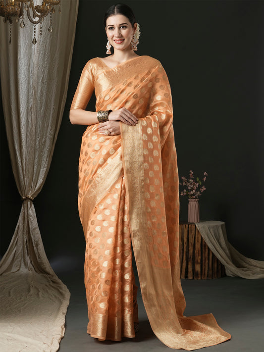 Women's Organza Peach Woven Design Designer Saree With Blouse Piece