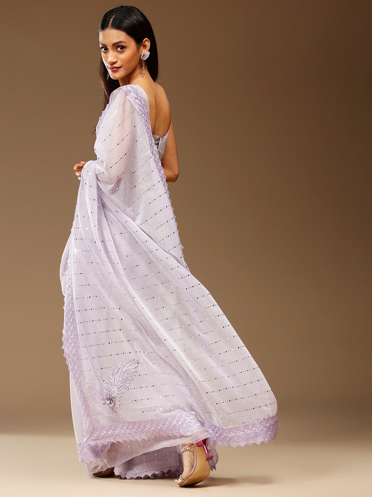 Women's Lycra Lavendar Embellished Designer Saree With Blouse Piece