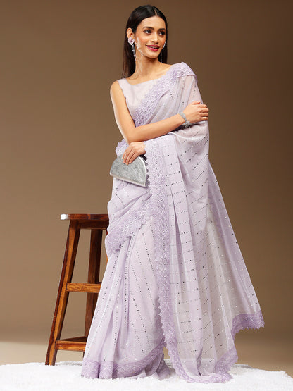 Women's Lycra Lavendar Embellished Designer Saree With Blouse Piece