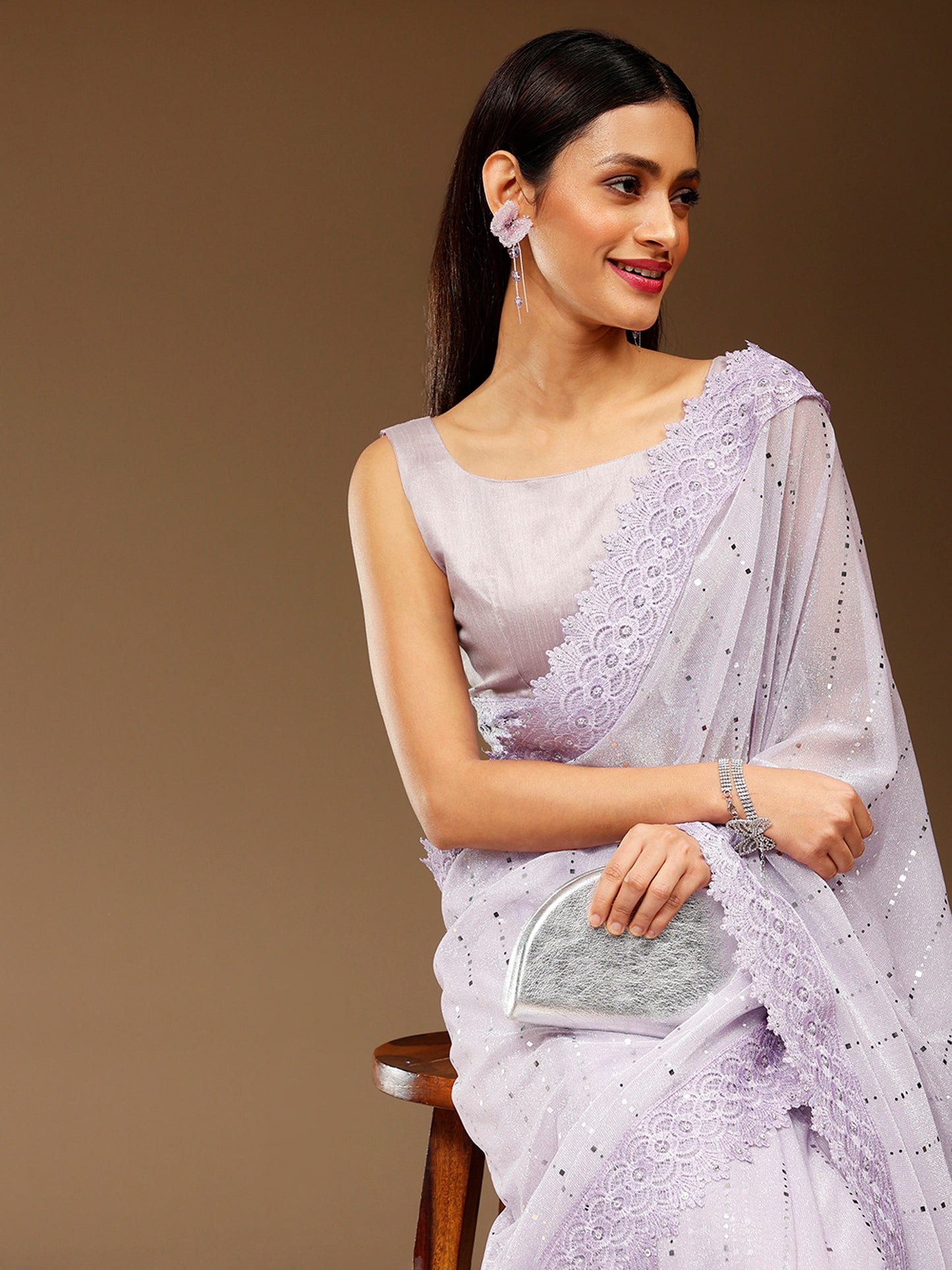 Women's Lycra Lavendar Embellished Designer Saree With Blouse Piece