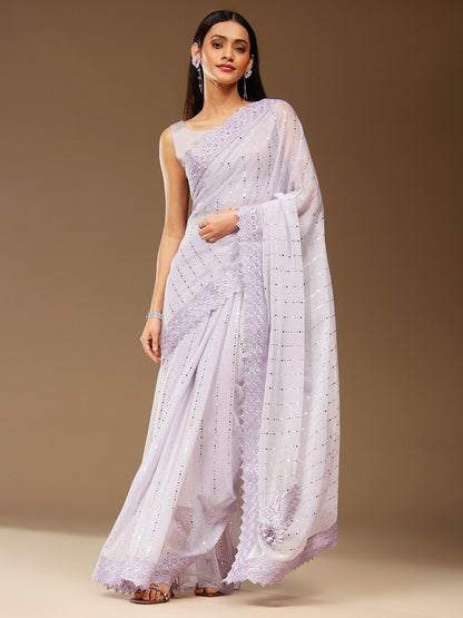 Women's Lycra Lavendar Embellished Designer Saree With Blouse Piece