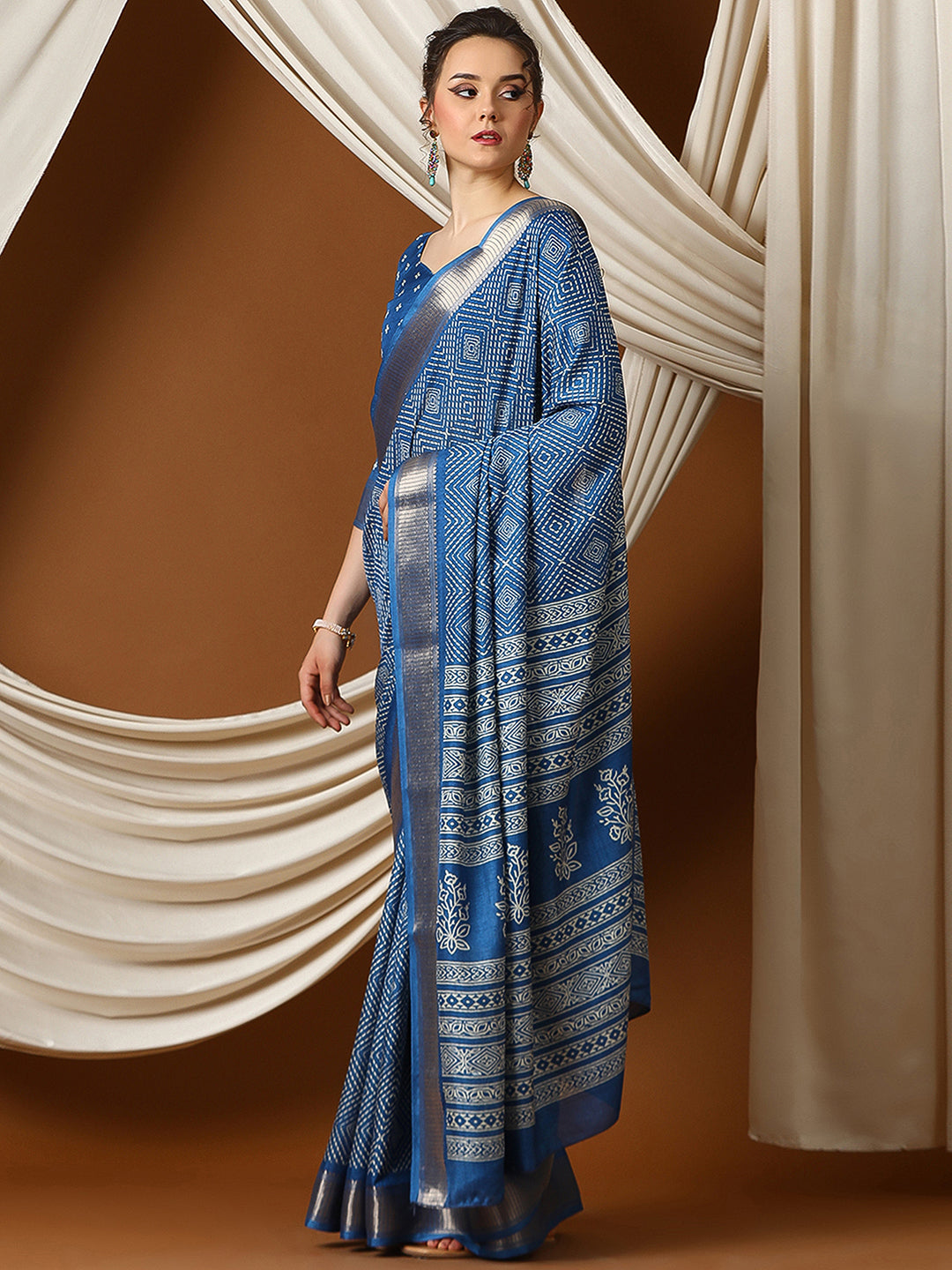 Women's Dola Silk Blue Printed Designer Saree With Blouse Piece