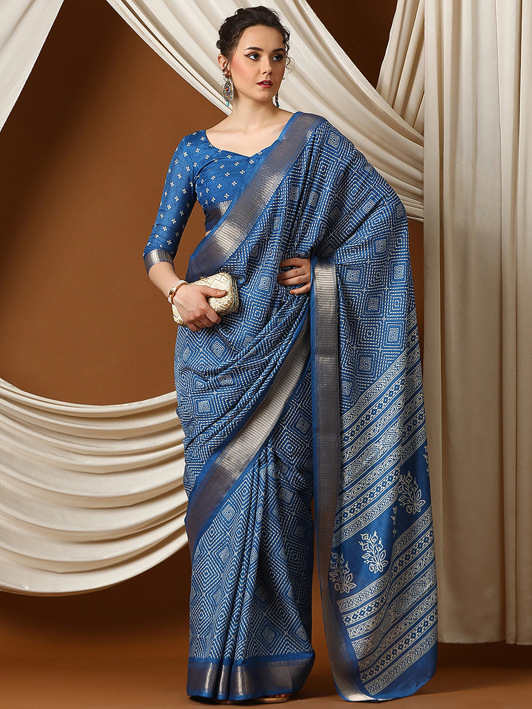 Women's Dola Silk Blue Printed Designer Saree With Blouse Piece