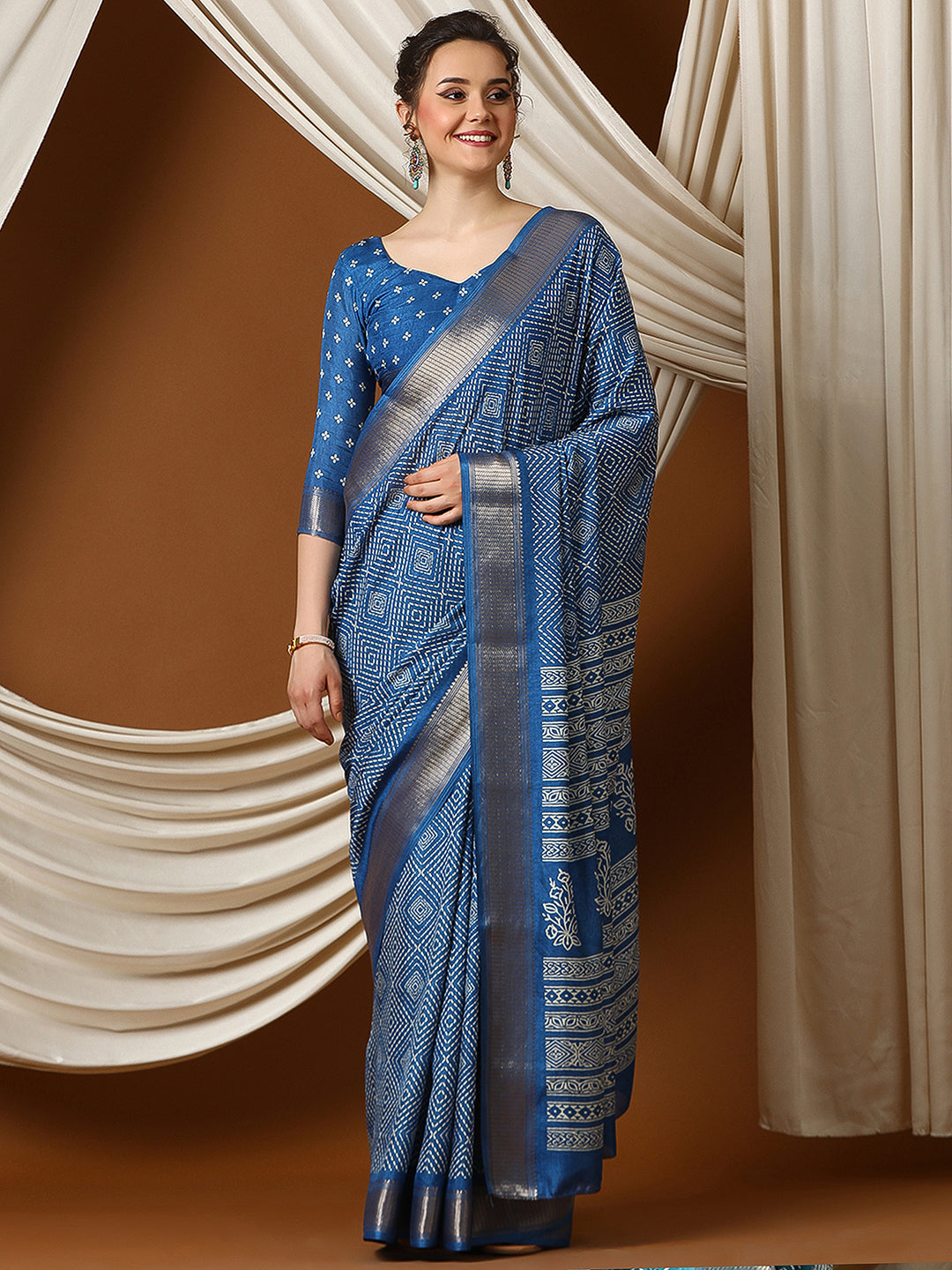 Women's Dola Silk Blue Printed Designer Saree With Blouse Piece