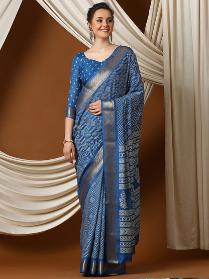 Women's Dola Silk Blue Printed Designer Saree With Blouse Piece