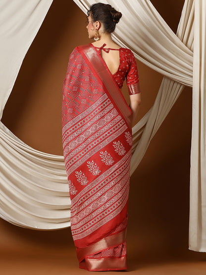 Women's Dola Silk Red Printed Designer Saree With Blouse Piece