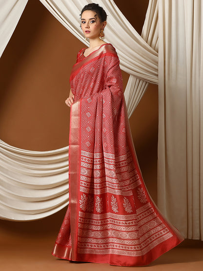 Women's Dola Silk Red Printed Designer Saree With Blouse Piece