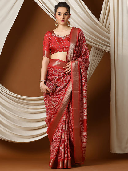 Women's Dola Silk Red Printed Designer Saree With Blouse Piece