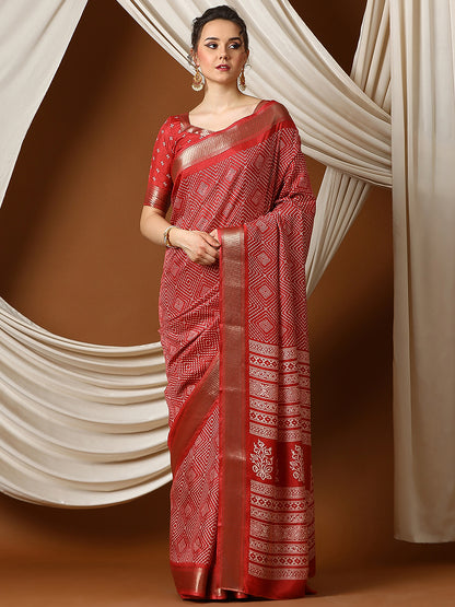 Women's Dola Silk Red Printed Designer Saree With Blouse Piece