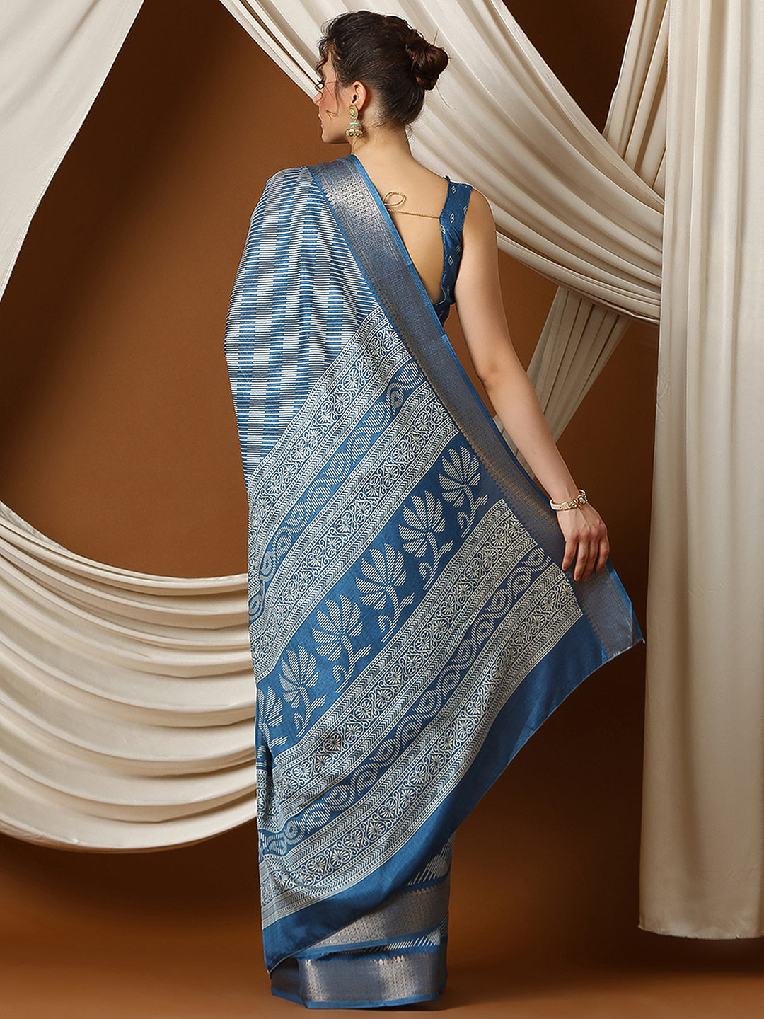 Women's Dola Silk Teal blue Printed Designer Saree With Blouse Piece