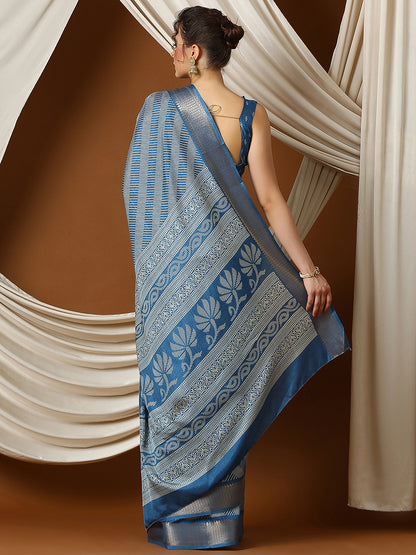 Women's Dola Silk Teal blue Printed Designer Saree With Blouse Piece