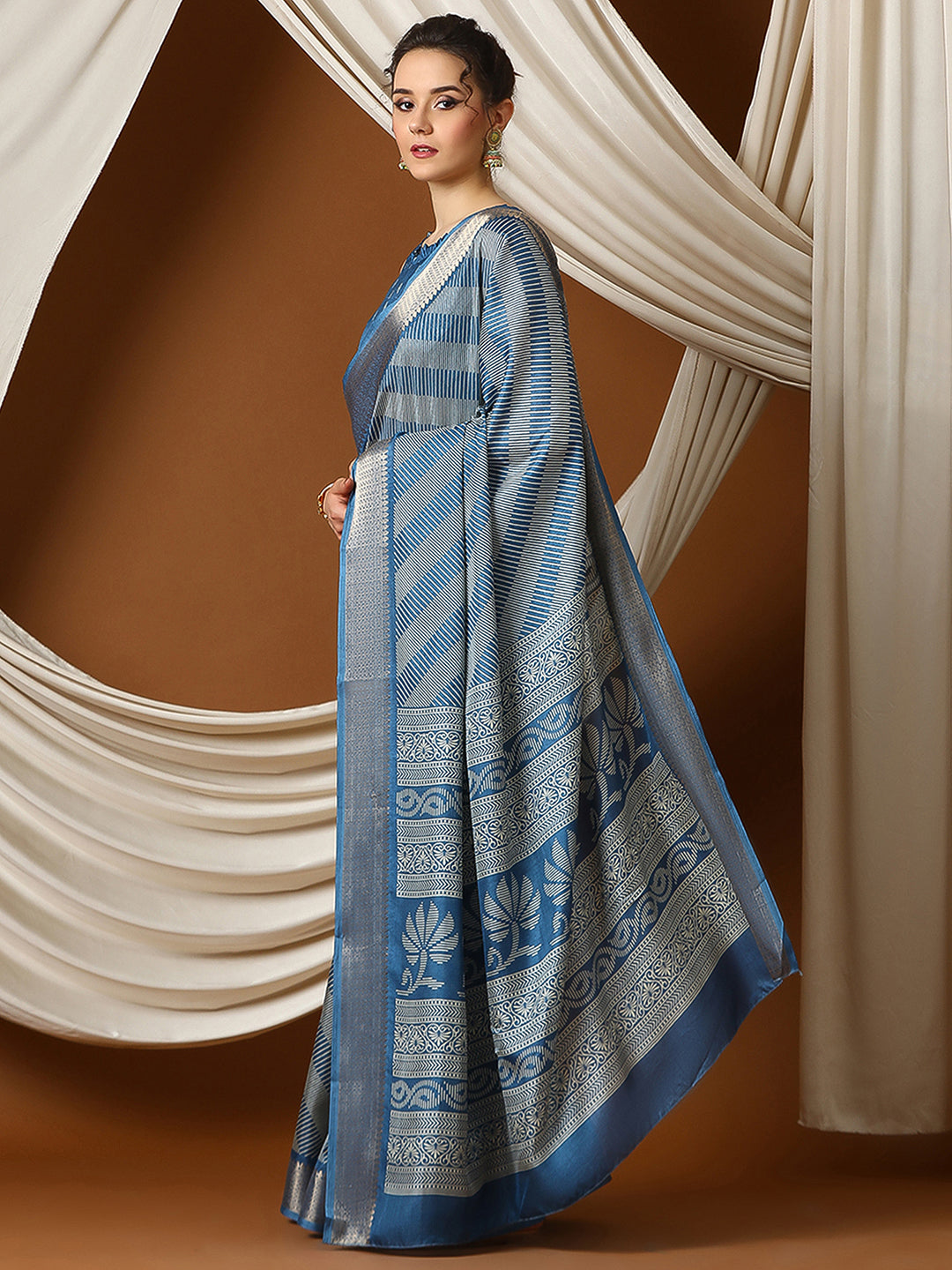 Women's Dola Silk Teal blue Printed Designer Saree With Blouse Piece