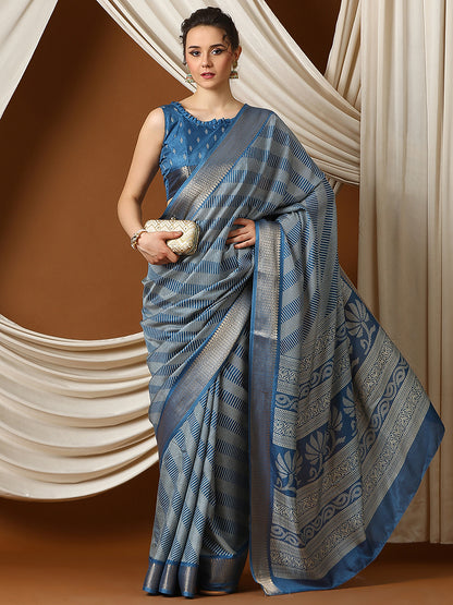 Women's Dola Silk Teal blue Printed Designer Saree With Blouse Piece