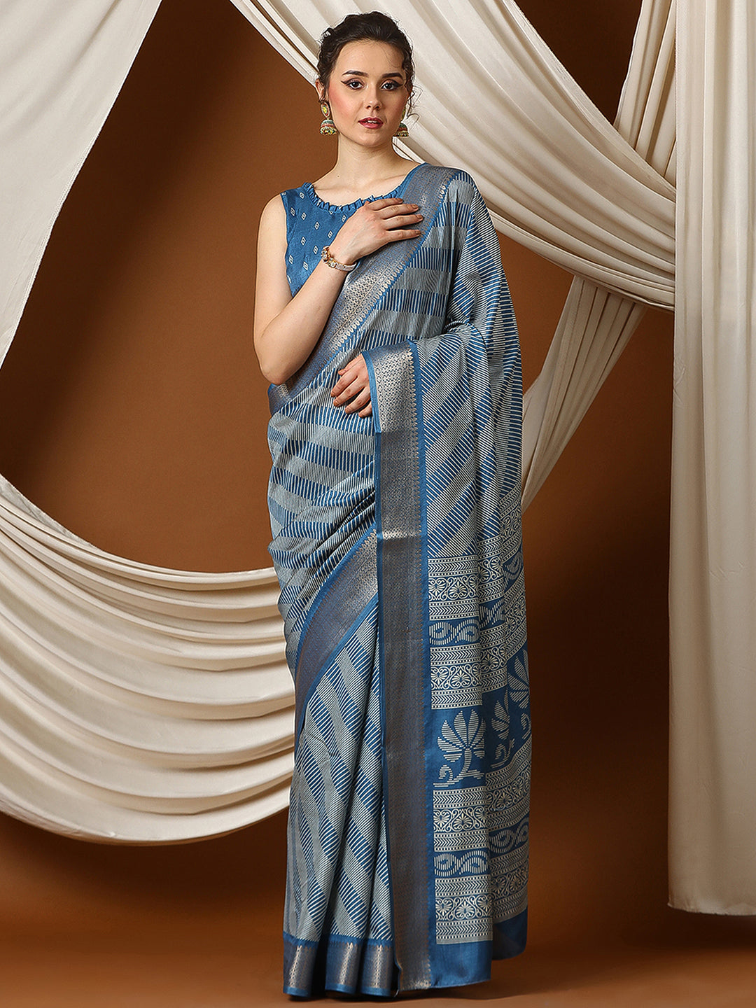 Women's Dola Silk Teal blue Printed Designer Saree With Blouse Piece