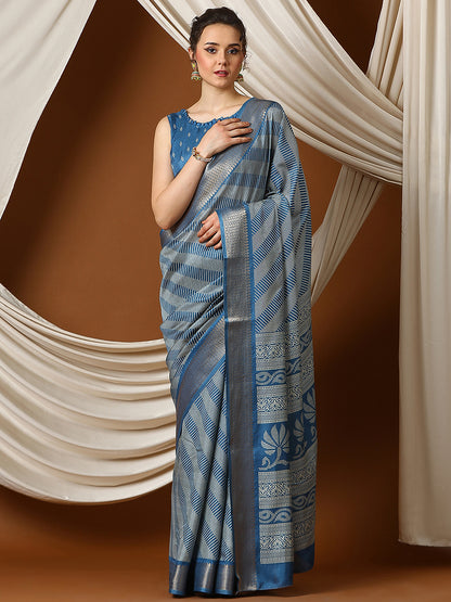 Women's Dola Silk Teal blue Printed Designer Saree With Blouse Piece