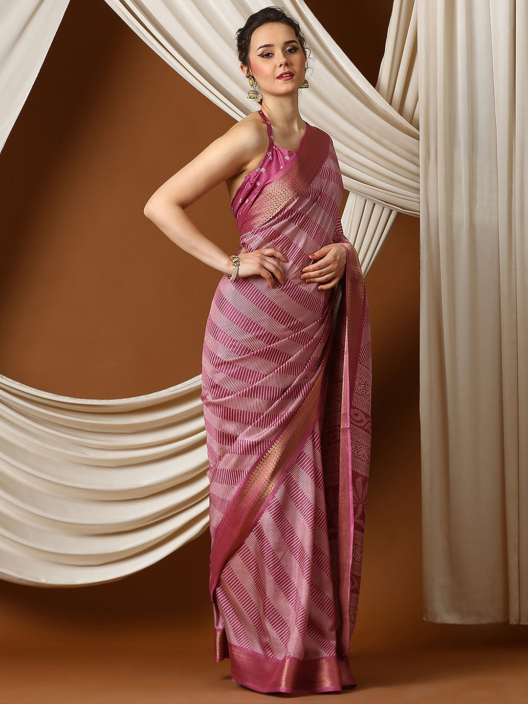 Women's Dola Silk Pink Printed Designer Saree With Blouse Piece